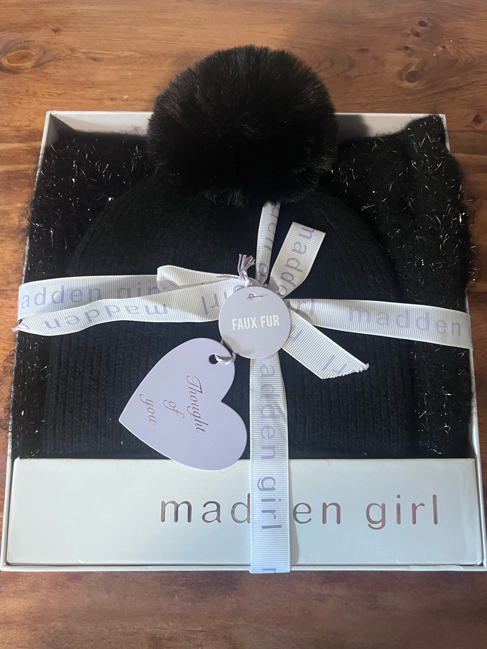 Madden Girl Black Knit Beanie with Faux Fur Pom - Kids